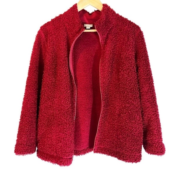 J Jill Red Fluffy Zip Up Jacket - Picture 2 of 6